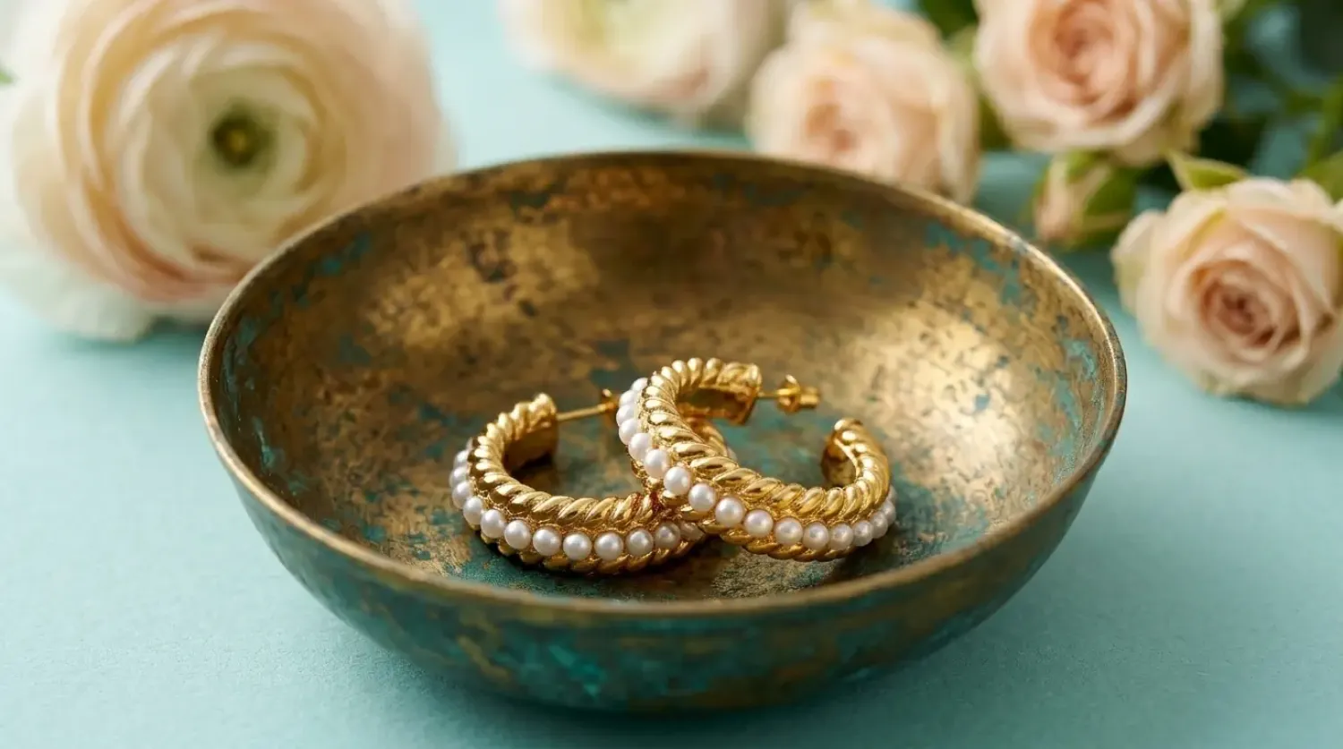 Preview: Elegante Ohrstecker mit weißen Perlen – Gedrehtes Design in 18K Goldoptik
